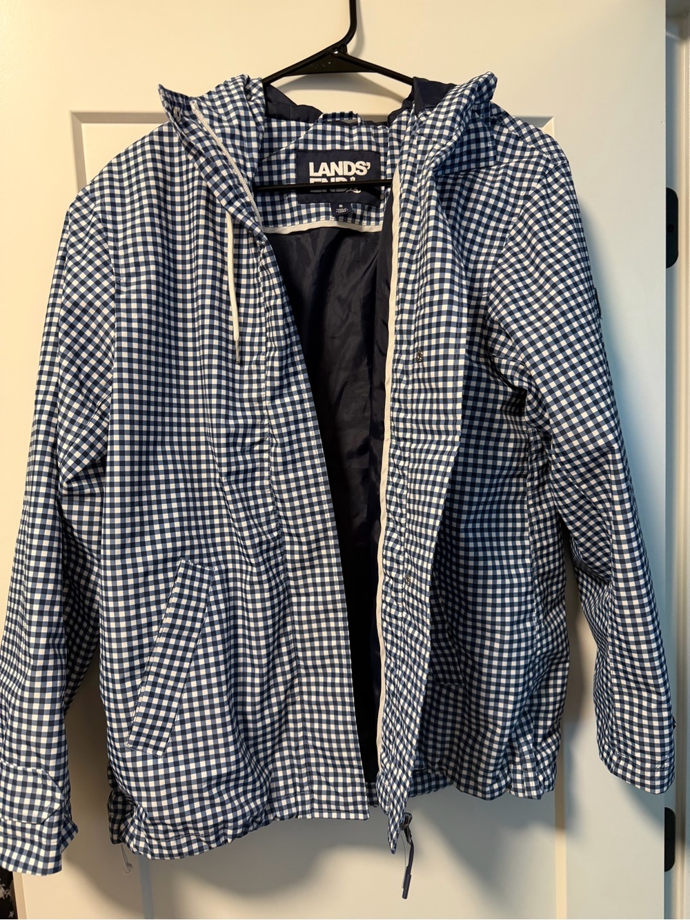 Lands' End Womens Navy & White Gingham Hooded Jacket